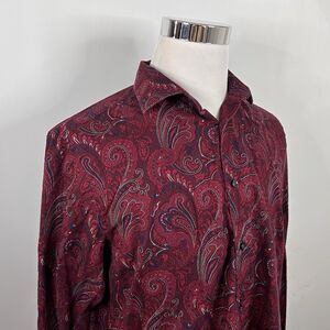 Tasso Elba Large Casual Shirt Paisley Red White Plaid Cotton Button Front